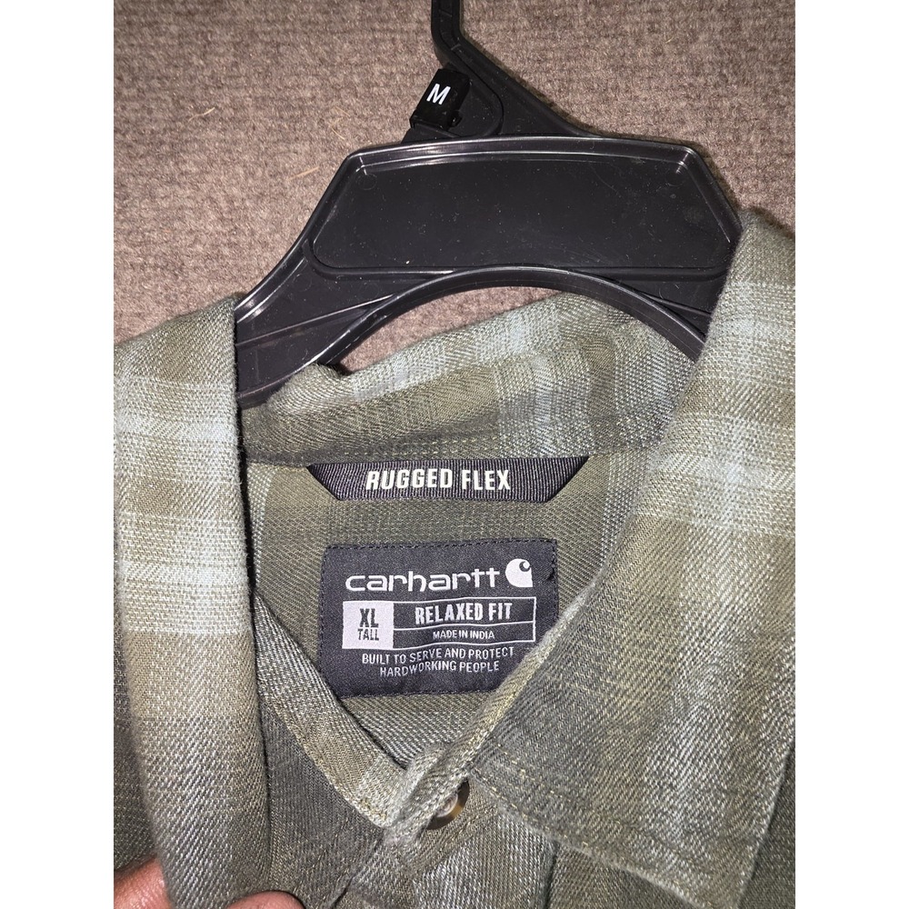 Carhartt Rugged Flex Mens XL Tall Relaxed Fit Plaid Flannel Shirt Olive Green - Picture 3 of 9